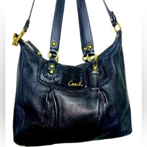 COACH Ashley Black Leather Python Trim Purse Shoulder Hobo Handbag F20104